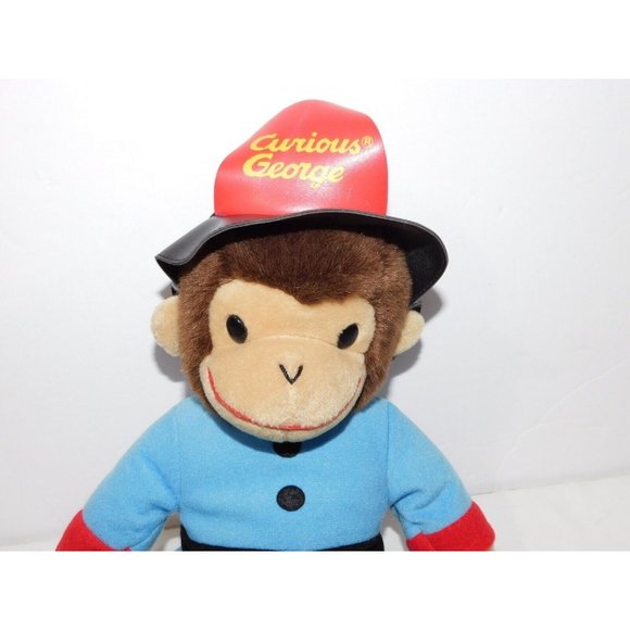 Vintage Gund Curious George as Fireman 14" Plush Stuffed Monkey Brown Blue Black - Picture 2 of 6